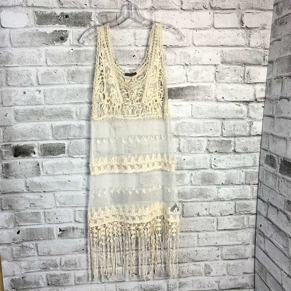 Suzy Shier Sheer Mesh Croquet Cream Beach Boho Coverup Tank Dress